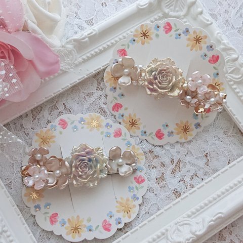 𝑅𝑜𝑠𝑒 𝐹𝑙𝑜𝑤𝑒𝑟🌹上品 クラシカル オーロラカラー ヘアクリップꕤ୭* アンティーク ブライダル ウェディング 結婚式💍薔薇園🌹お花畑🌼🌸