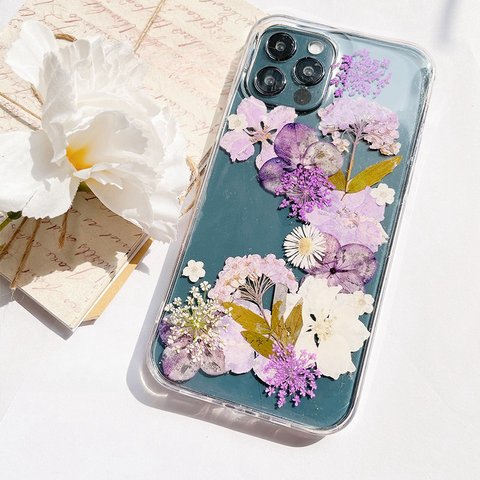 本物の押し花 押しフルーツ デルフィニウム 千鳥草 ちどりそう　アジサイ　 ハンドメイド スマホケース iPhoneケース　Galaxyケース