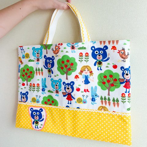 ◆お買得品◆【入園入学】かわいいレッスンバッグ☆くまさん☆黄色いみずたま☆おけいこ☆こだわり縫製☆丈夫☆