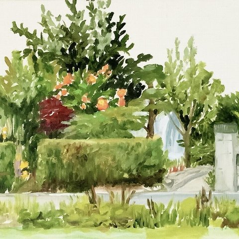 油絵　風景画　「そこに見える庭」