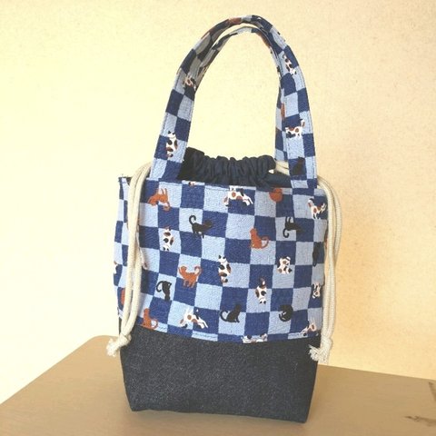 巾着付きトートバッグ  猫×市松 和柄　ブルー