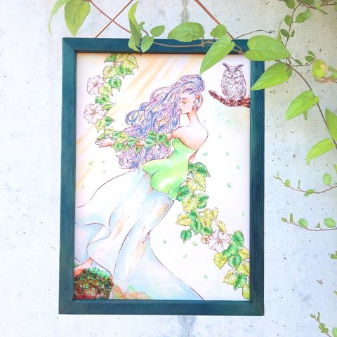 みやこ染め 木製フレーム & イラスト A4【Forest Bathing】原画 / 壁掛け 額縁 フクロウ