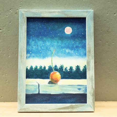 『チェリームーン』つきとさくらんぼ　絵画　水彩画　原画　アート　インテリア　フォトフレーム　moon　月夜