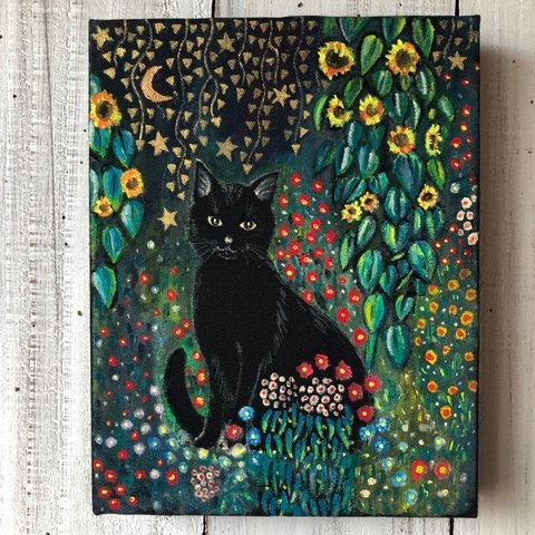 「クリムトの庭の黒猫」F0サイズ アート作品 原画 猫 徳島洋子作品  アクリル画