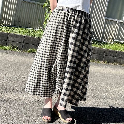 大人かわいいチェックリネン スカートパンツ