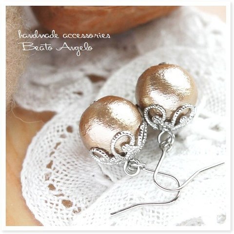 ◆◆+angelo+コットンパールの一粒ピアス(p-344)ベージュ S 10mm