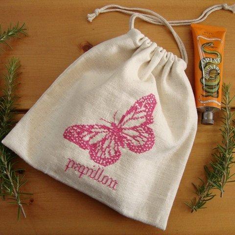 papillon刺繍のホワイトリネン巾着　-桃刺繍-