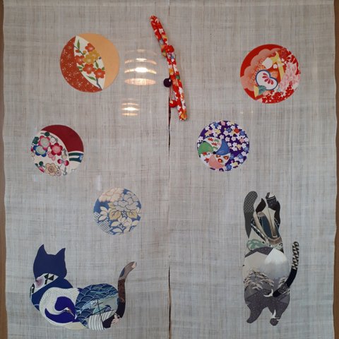 セール！！猫暖簾★レトロ　手織り本麻88×100