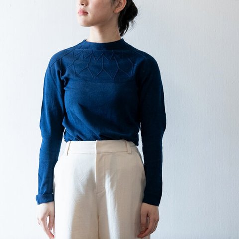 藍染　Organic Cotton 織柄ニットプルオーバー【無縫製】