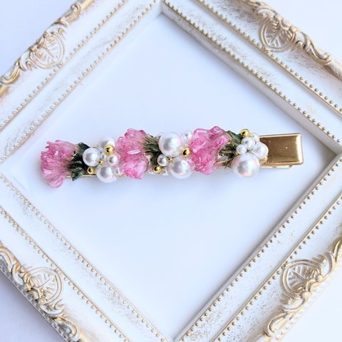 【SALE】ピンクスターチスとパールのヘアクリップ