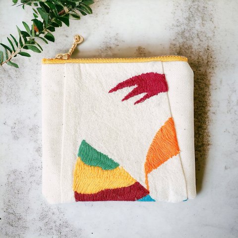 メキシコ刺繍のフラットポーチ マルチカラー