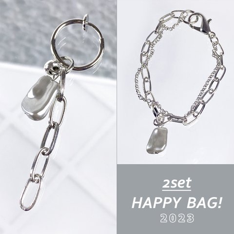 HAPPY BAG！④2点セット［no.174］イヤリング・ピアス片耳用 ＆［no.206］ブレスレット　／　シンプル　メンズ　韓国　チェーン　中身が見える福袋　ハッピーバッグ