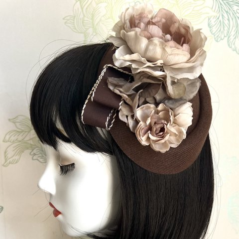 レトロクラッシックトーク帽ヘッドドレス着物髪飾り花飾りブラウン