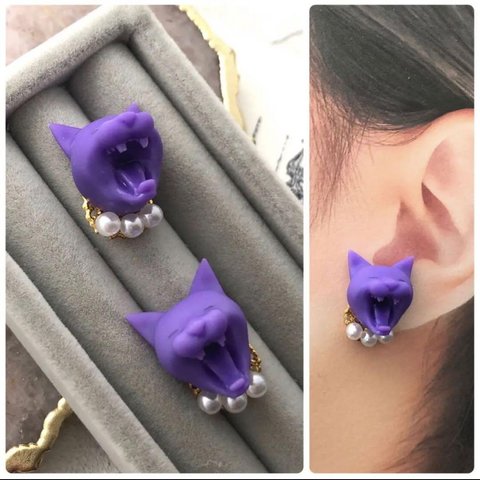 3Dプリンター✖️あくびをしている猫ちゃんパール✖️ピアス・イヤリング