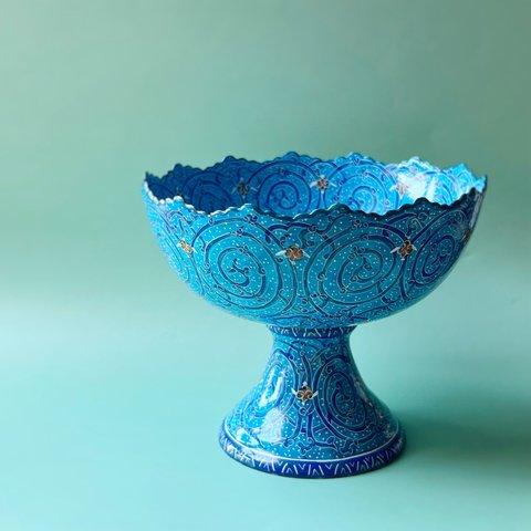 ペルシャの飾り皿（ミーナーカーリー）ターコイズ L　Φ12ｃｍ　高坏　コンポート皿【MINAKARI-P003】