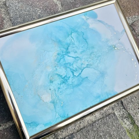 アルコールインクアート　A4サイズ 大理石風　ブルー　海