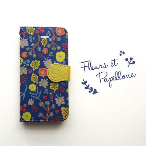 【名入れOK】Android手帳型スマホケース / Fleurs et Papillons(navy)