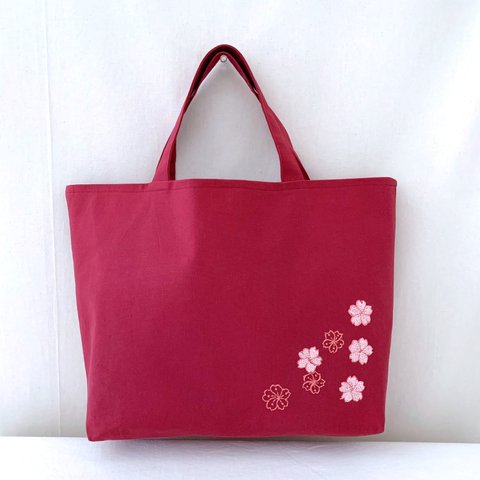 !!SALE!!1点のみ【A4大サイズ】桜手刺繍･綿麻トートバッグ･ワインレッド色【くが屋】