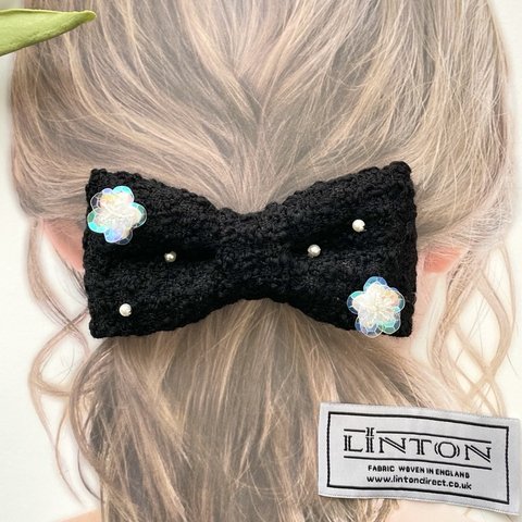 LINTONTWEED リボンバレッタ(ヘアクリップorヘアゴムも可) フラワービジュー、パール付き💍 ギフトやイベントにも◎  大人可愛いリボン　華やかコーデ　