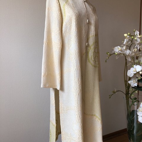 春らしい色合いの絞りのアオザイ風コートドレス／着物リメイク・一点物