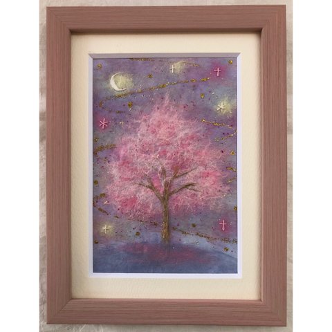 和紙ちぎり絵『ふわふわピンクの木と星空』葉書サイズ原画