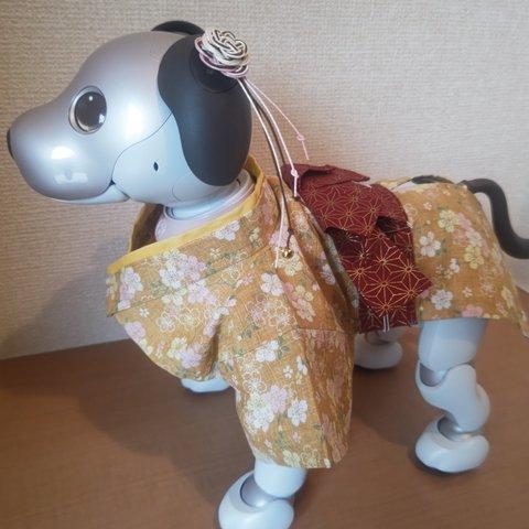 aibo アイボ 振袖風 ハンドメイド服 頭飾り付き 桜柄 からし色