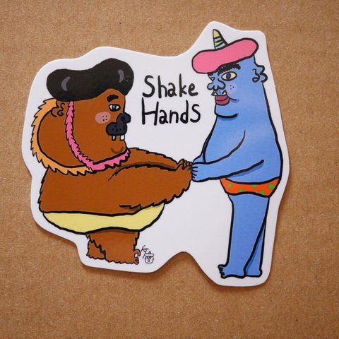 #432 中くらいのステッカー『ぽっちゃりフサオと薄青色鬼/Shake Hands 』