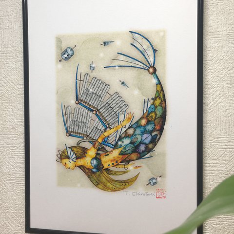 デジタル版画 『キカイ仕掛けのマーメイド』 A4サイズ 　（作品のみ） 魚 深海魚 古代生物 水彩画 イラスト ファンタジック インテリア