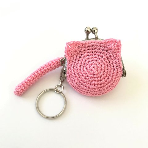 ねこの小さながま口　ピンク　かぎ編み