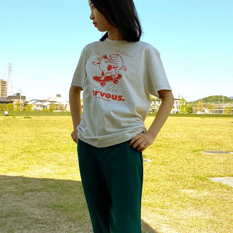 猫とカエルのTシャツ（オートミール）【S】男女兼用