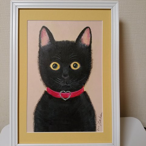 フレーム付　黒猫アクリル画オリジナル原画