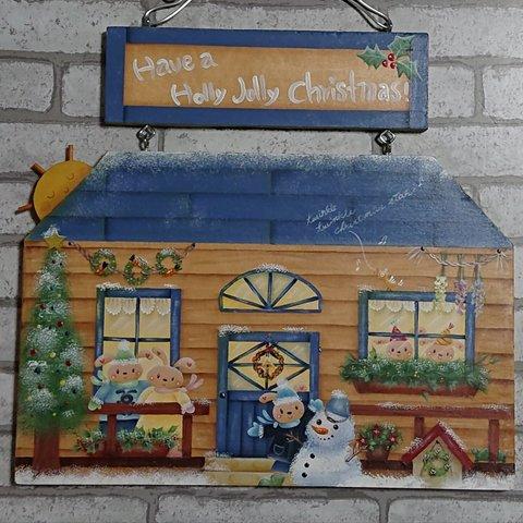 ハウス型welcomeボード「うさぎさんの　♡　楽しいクリスマス　♡」