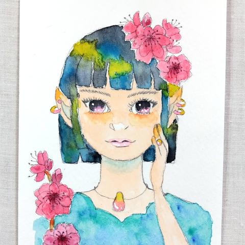 人物と梅の花　イラスト原画