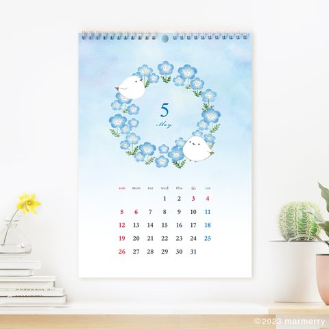 ◆SALE◆ 2024年 壁掛けカレンダー「シマエナガと季節のお花デザイン」