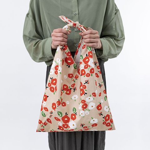 あずまトート～紅白椿～　綿100％（オーガニックコットン）　持ち手が長くてエコバッグにも使える　あずま袋