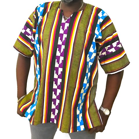 アフリカン メンズキーネックシャツ ブラウン/ブルー:パープル マルチカラーストライプ ビッグサイズ ガーナケンテクロスプリント一点物エスニックヒップホップ トライバル ネイティブ柄