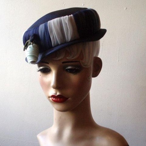 ヴィンテージ帽子　ネイビー ストロー HAT　ローズ飾り 1299