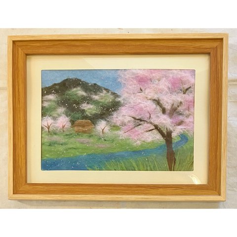 和紙ちぎり絵『里山の小川と桜』葉書サイズ原画