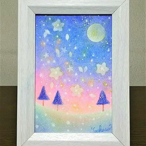 パステルアート　夜空の雪月花の輝き　パステル画原画