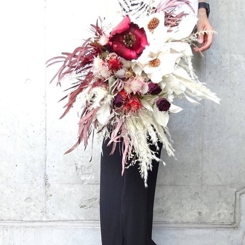 【人気】おしゃれ花嫁の紅白ブーケ♡ ドライフラワー スワッグ プレゼント 花束 パームフラワー ウェディングブーケ