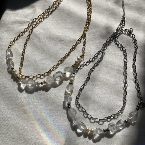 ーlayered pearl &stone necklaceー　チェーンネックレス　サージカルステンレス　チェーン　天然石ネックレス　天然石アクセサリー　チェーン　チェーンブレスレット