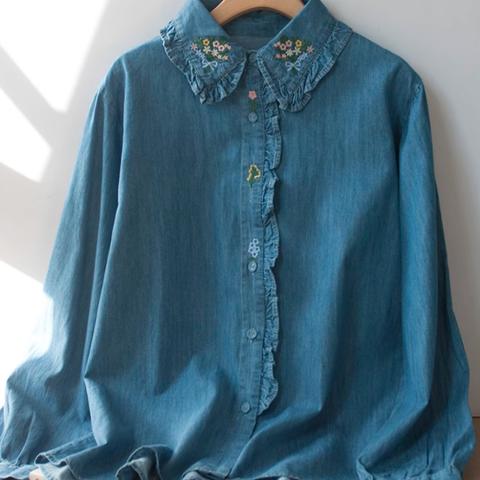 春服の新しい 刺繍 キクラゲ デニム シャツ  ゆったり 長袖 シャツ
