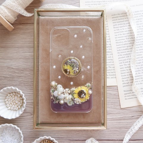 【全機種対応】❁スマホリング付き❁ 向日葵のボタニカルライン❁.*･ﾟドライフラワースマホケース