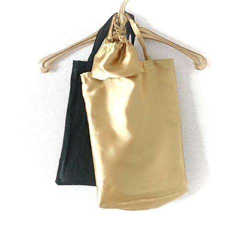 魔女 の エコバッグ Gold × Black コンパクト 巾着袋付き 三点セット ゴールドA4