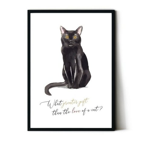 猫のポスター【黒猫】水彩　北欧　名言　クロネコ　猫イラスト変更可能です