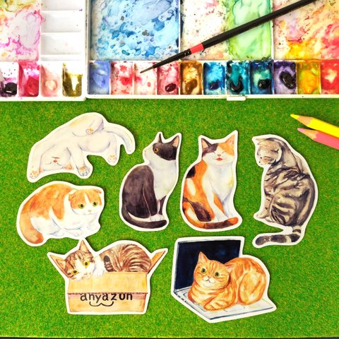 【選べる7種類】猫の絵本風ステッカー 耐水＆UVカット・光沢素材で長期間綺麗