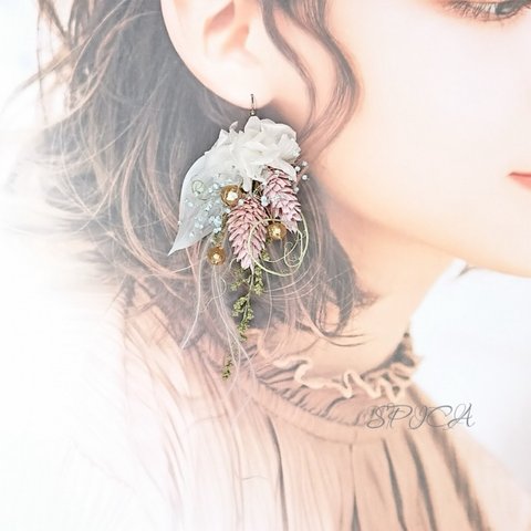 【一点限定】本物のお花のブーケアクセサリー ピアス イヤリング ウェディング ピンク 淡色 フラワーピアス