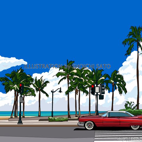 版画作品　南国イラスト「常夏Beach-Street」　海岸線を走るキャデラックのイラスト 