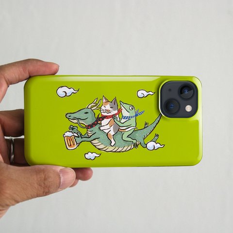 スマホケース　ドラゴンに乗って（ライム）