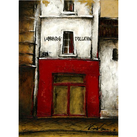 風景画 パリ 油絵「街の古本屋」